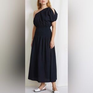 APIECE APART Marta One Shoulder Maxi Dress Navy Blue Medium Knit‎ Gauzy Puff